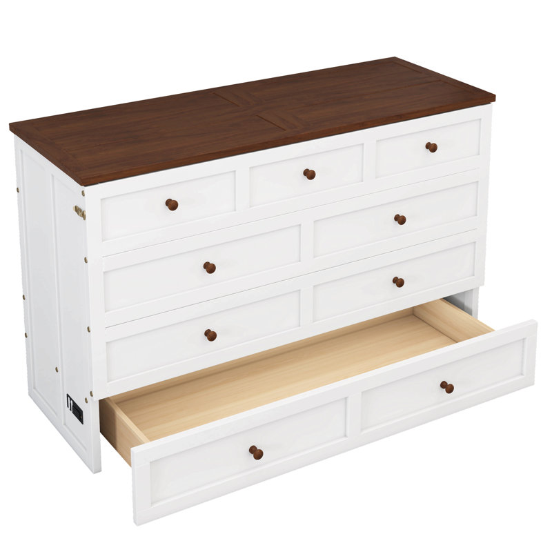Commode pour lit escamotable en pin massif avec station de charge et grand tiroir de rangement pour bureau à domicile ou petite pièce, blanc et noyer