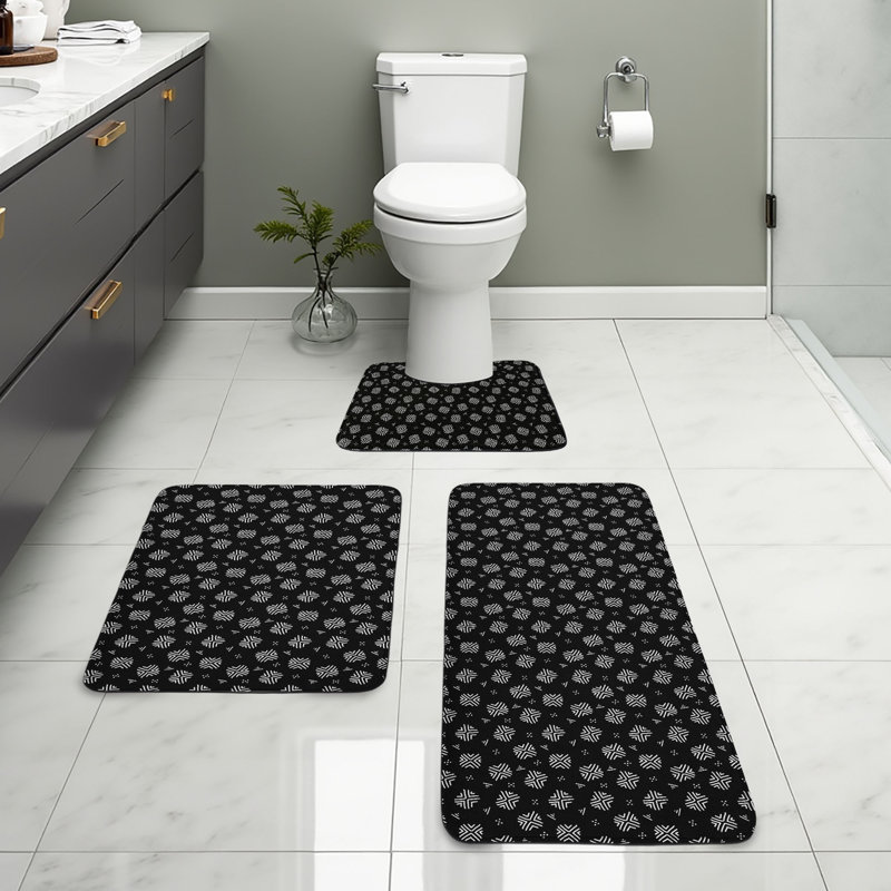  Ensemble de tapis de salle de bain Mudcloth 3 pièces en U et tapis rectangulaires noir et blanc