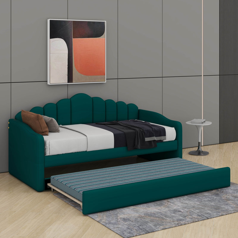 Lit de jour avec lit gigogne simple, cadre rembourré avec canapé-lit, ports de chargement USB, Vert