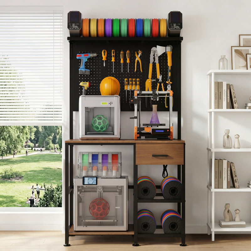 Support pour imprimante 3D avec rangement pour filament, panneau perforé et station de charge, grand établi