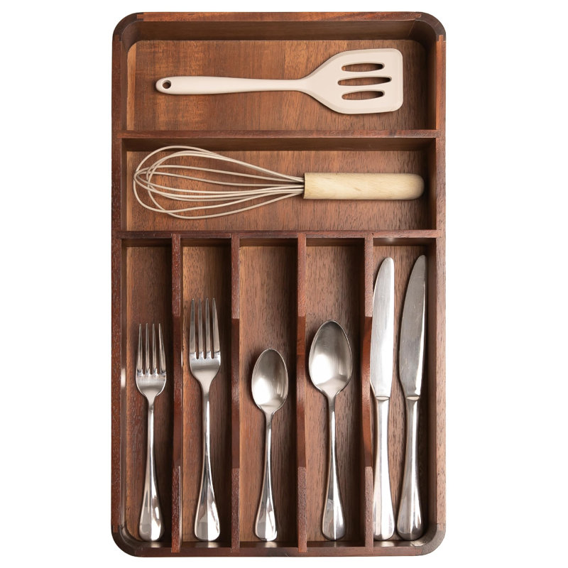 Rangement pour couverts - couverts, couverts et ustensiles, largeur fixe de 10,5 po, 7 compartiments de rangement, pieds antidérapants, coins arrondis, bois d'acacia