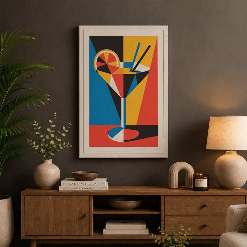 Geometric Cocktail Art Deco - Wrapped Canvas, 30x20 - 76.2 x 50.8 cm, Teal Border