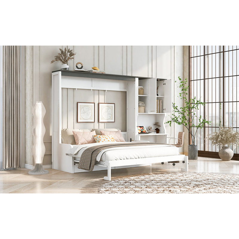 Queen Size Bed With Built - In , Desk And Storage, Space Saving, White Color, Wood + , Soft Seating Area For Socializing Working