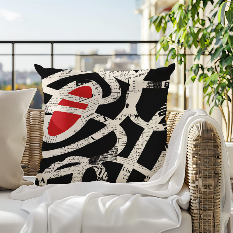 Oreiller carré réversible intérieur / extérieur Kaya, H 19 po x l 19 po, Rouge / noir / blanc cassé abstrait