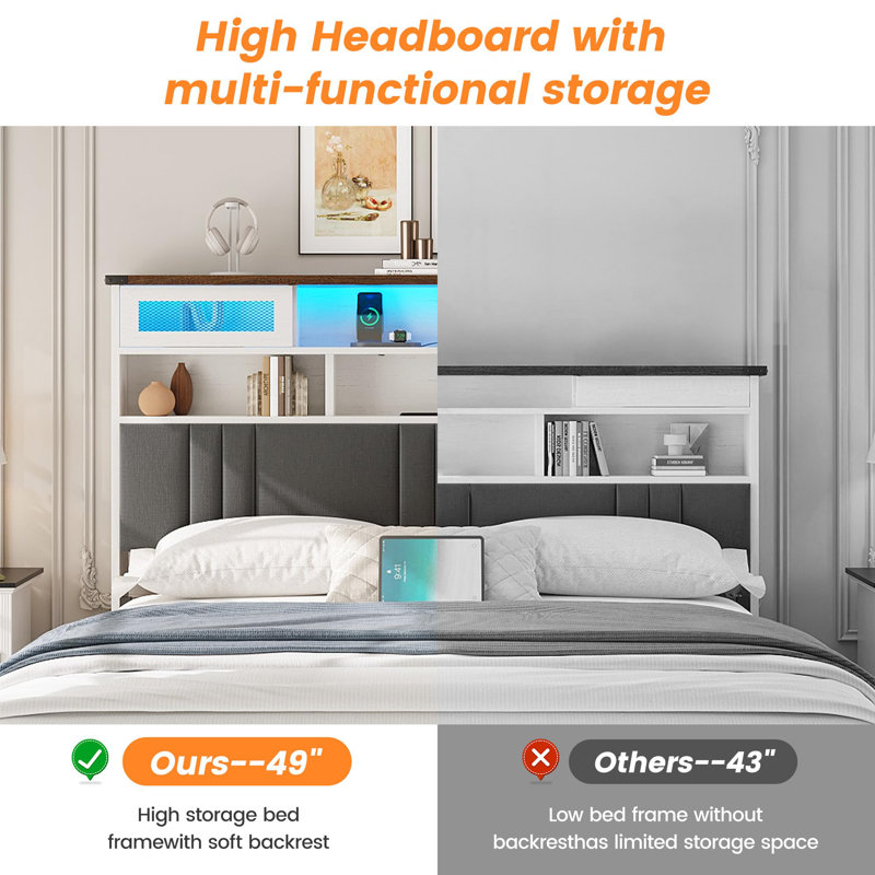 White Queen Upholstered Bed Frame with 4 Storage Drawers and LED Lights