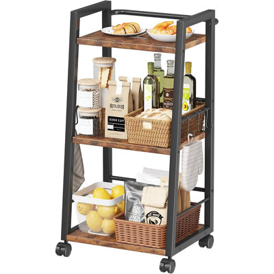 3-Tier Rolling Kitchen Storage Cart With Lockable Wheels And Hooks, Mobile Utility Organizer Rack For Small Spaces, Kitchen And Living Room Bar Cart (Rustic)
