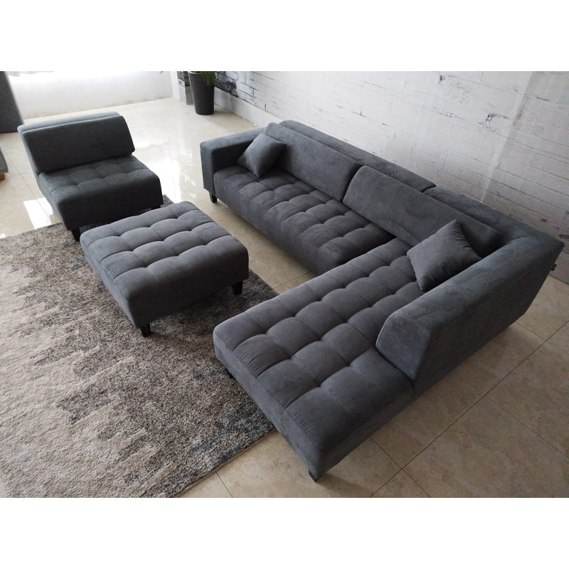 Canapé modulaire en microfibre avec repose-pieds Behadil, Accoudoir à droite (vu de face), Microfibres et suédine gris foncé