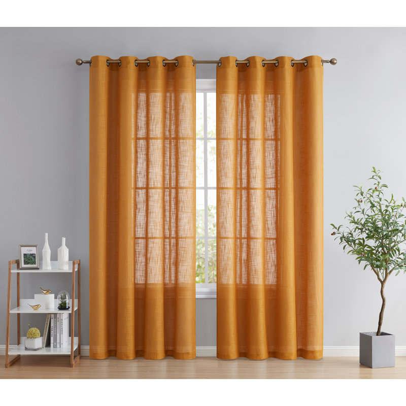 Aleksander Faux Linen Semi Sheer Grommet Curtain Pair, Gold, 54" W x 96" L