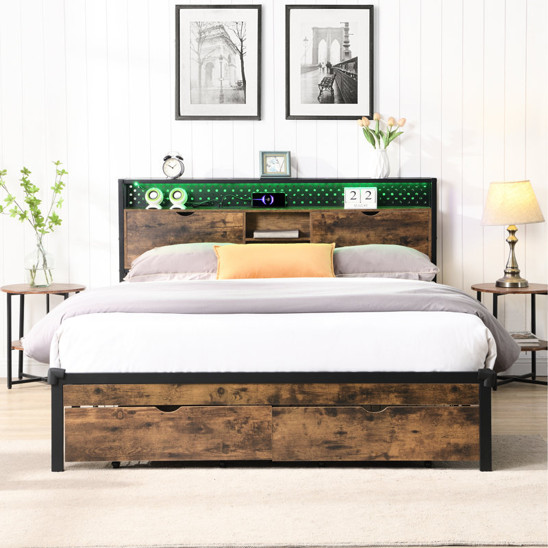 King Size Bed With Metal Platform, Wooden Headboard And , Charging Station, 2 Drawers, Led Lights, No Box Spring, Quick Assembly Process Platform Bed, Outlets , Easy Technique Method, 79.15In Package