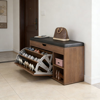 Armoire à chaussures en bois avec banc rembourré et range-chaussures rabattable
