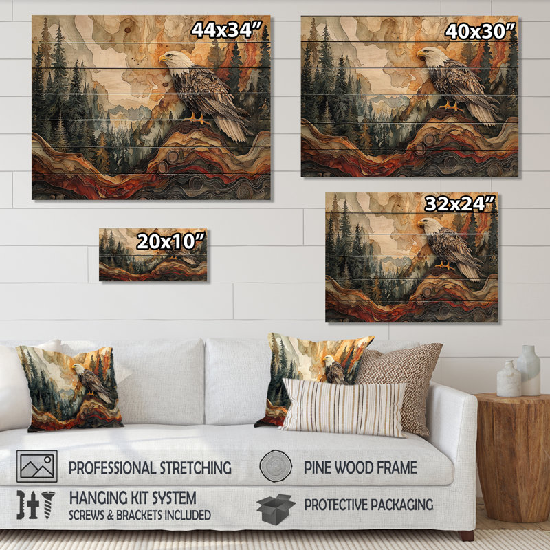 Aigle dans un grand paysage de forêt - Décoration murale animal en bois d'aigle - sur bois de pin naturel, H 34 po x l 44 po