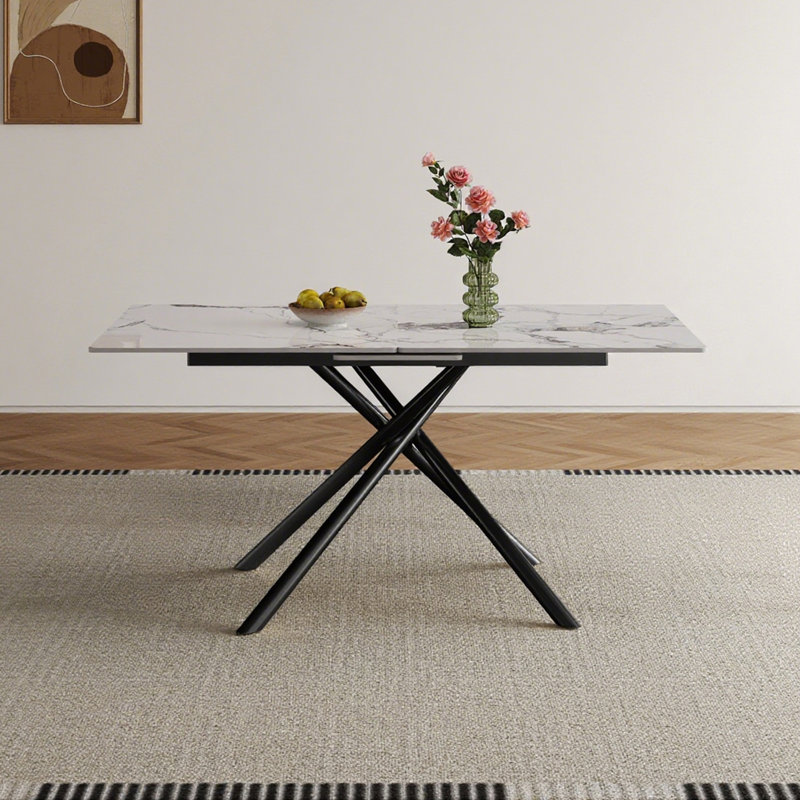 Table de salle à manger rectangulaire extensible avec base en X robuste en acier, Blanc/Noir