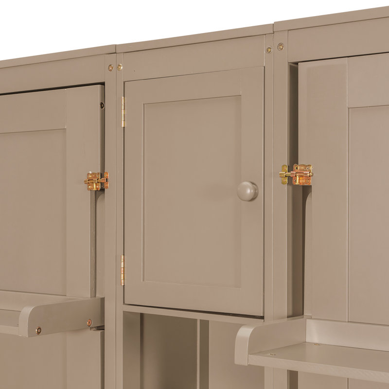 Lit simple escamotable double avec armoires et tablettes, unité de rangement compacte, gris, Gris antique