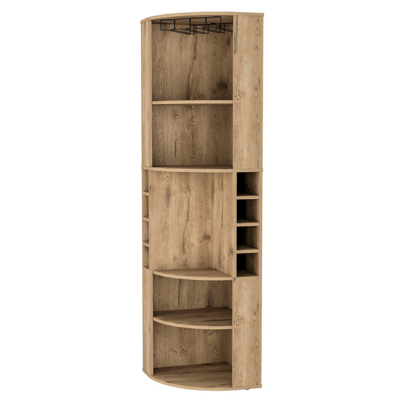 Corner Bar Cabinet With 5 Shelves - Enhance Living Room Decor Natural Wood, 8 Wine Bottle Slots 5 Maximize Storage Wood Tone, 18.5 Inches Wide