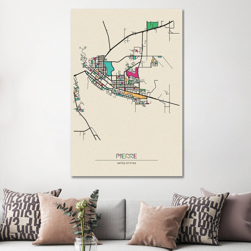 Pierre, South Dakota Map by Ayse Deniz Akerman - Wrapped Canvas Painting, 152.5 cm H x 101.5 cm W