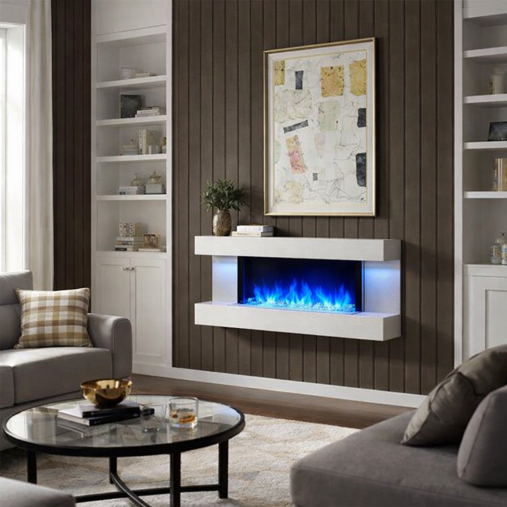 FLAMME Kingston Wall Mounted Electric Fireplace White with 3 Flame Colours and 13 Mood Lighting Options 1.8kW heater