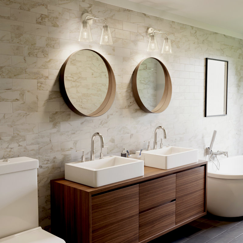 Éclairage pour salle de bain 2 lumières au fini nickel brossé avec abat-jour en verre transparent