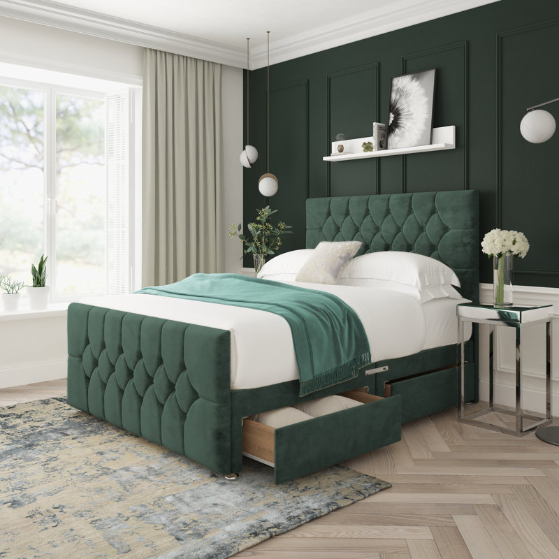Upholstered Bed, Emerald, Left Side Drawers, Single (3')