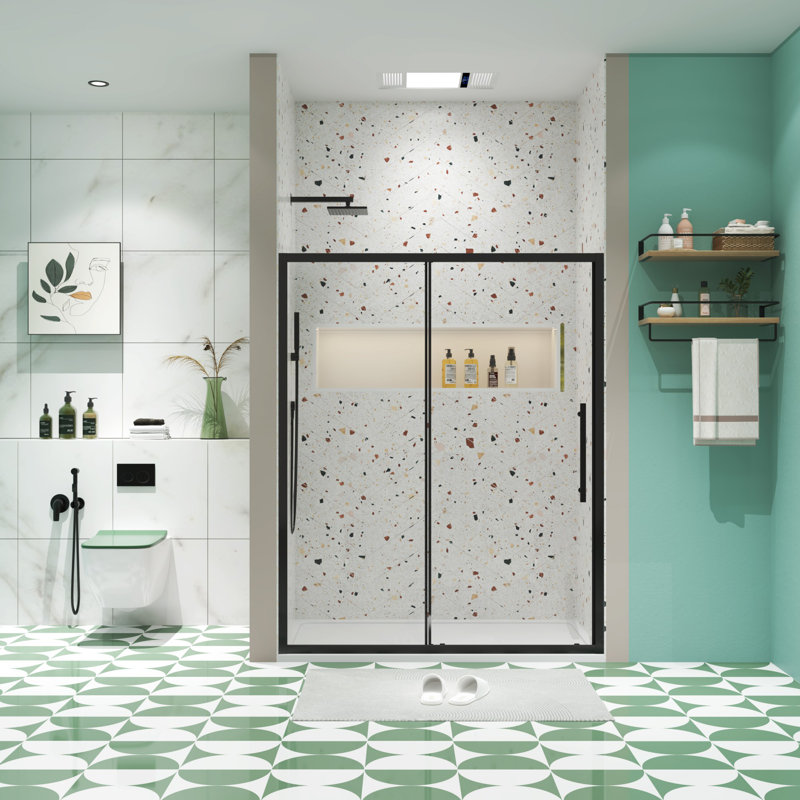 Matte Black 54"W x 72"H Sliding Shower Door with Stainless Steel Handle