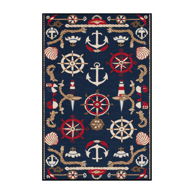 Washable Maritime Symbols Nautical Area Rug