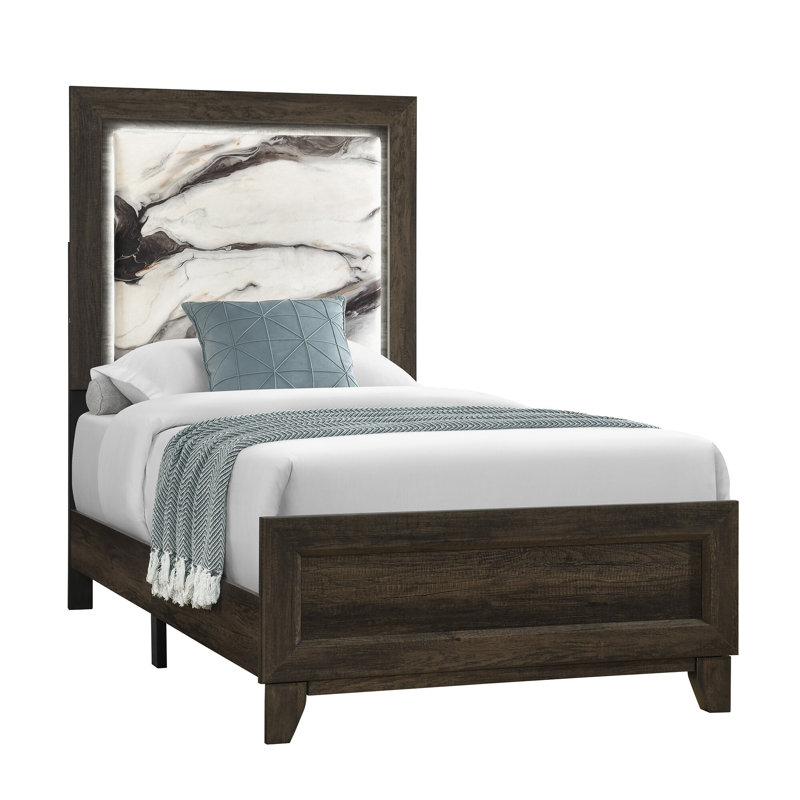 Lit simple à panneau avec tête de lit décorative en faux marbre, éclairage à DEL intégré et structure robuste, fabrication en bois massif et en bois manufacturé au fini brun