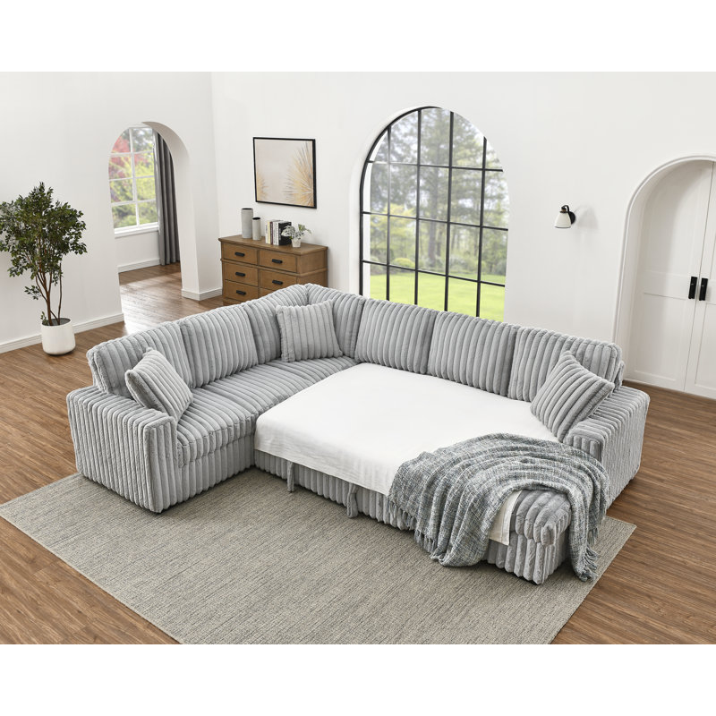 122'' Oversized U Shaped Corduroy Sectional Sleeper Sofa with Pull Out Bed, Storage Chaise Lounge and USB Charging Port, Grey