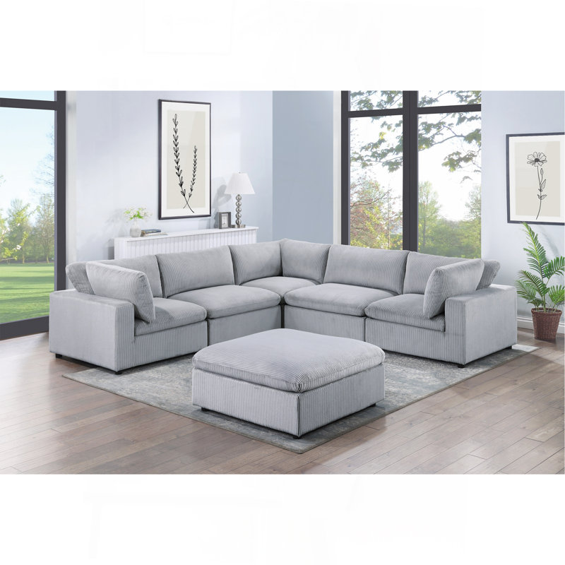 Dark Gray Color 6Pc Modular Sectional Set Corduroy Upholstery Couch 3X Corner Wedge 2X Armless Chairs 1X Ottoman Living Room Furniture