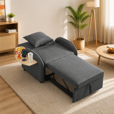 Canapé-lit convertible 3 en 1 gris foncé, fauteuil inclinable avec dossier réglable, table d'appoint pliable, ports de chargement USB et Type-C, idéal pour les petits espaces, le salon, la chambre et les appartements.