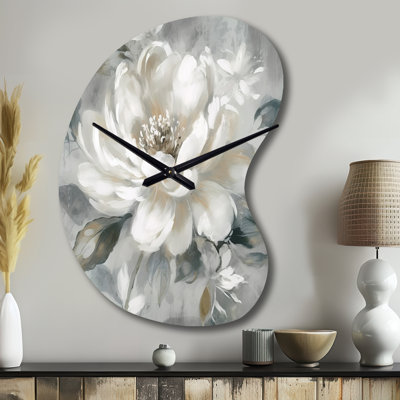 White Grey Peony Blooms In Motion I - Boom Shape Large White Wall Clock - Unique Shape