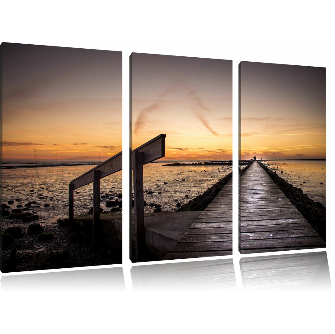 3-tlg. Leinwandbilder-Set Langer Steg im Sonnenuntergang an der Nordsee, Fotodruck