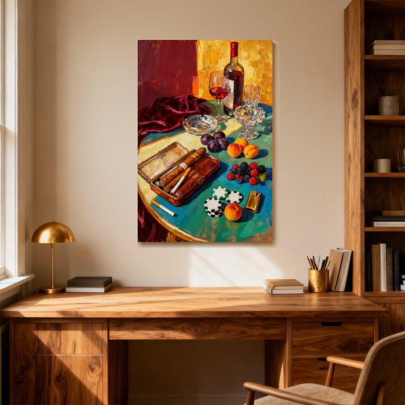 Mode nature morte avec vin et cigares, H 48 po x l 32 po