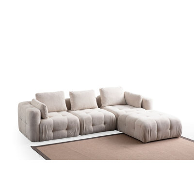 Elegant Corner Sofa, Beige, 9.5 ft x 6.6 ft x 2.1 ft | Beech Wood Frame & Chipboard, 100% Polyester Fabric | Soft 28 DNS Grey Foam & 24 DNS Feather, Includes 5 Cushions | Modern Design for Living Room Comfort
