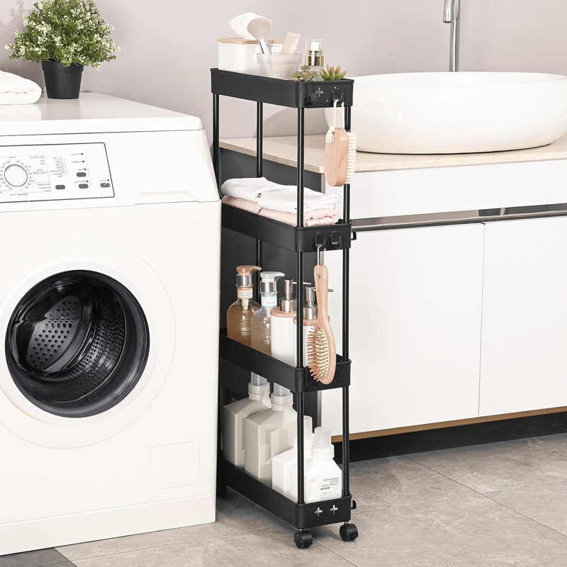 Chariot de rangement mince avec 4 tablettes, chariot mobile sur roulettes pour les espaces étroits, organisateur peu encombrant avec crochets pour salle de bain