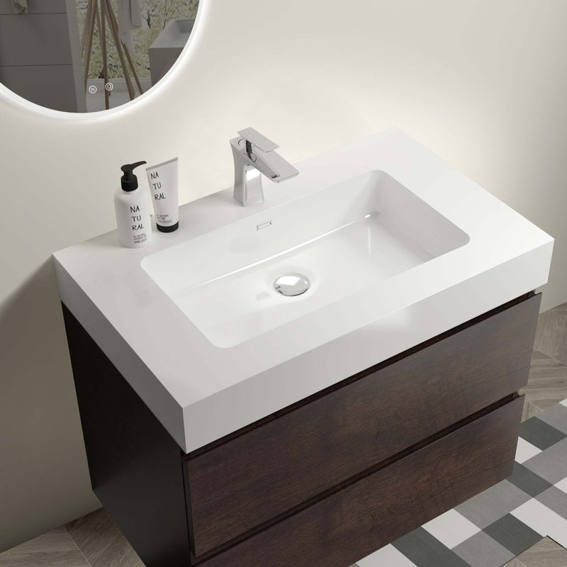 Grand meuble-lavabo mural moderne avec lavabo une pièce sans drain ni robinet, Blanc, Noyer