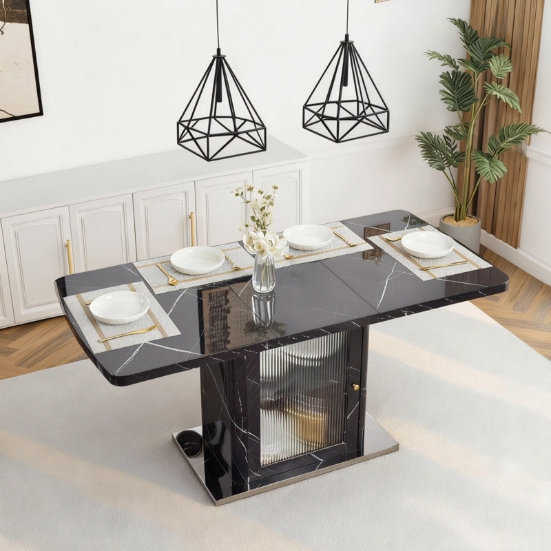 Table de salle à manger rectangulaire moderne de 47,24 à 63 po, extensible, avec plateau de table noir imprimé et pieds de table de rangement 