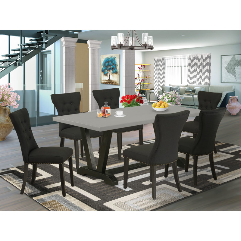 Table de salle à manger avec chaises en bois massif et finition en chêne naturel, 7 pièces, Black, Gris clair
