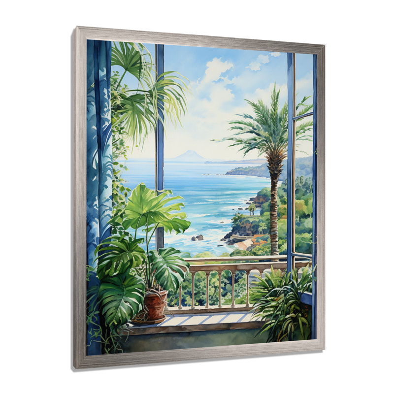 «Tropical Windows To The Beach II - Coastal Windows», art mural, Cadre simple argenté, H 40 po x l 30 po x P 1,5 po
