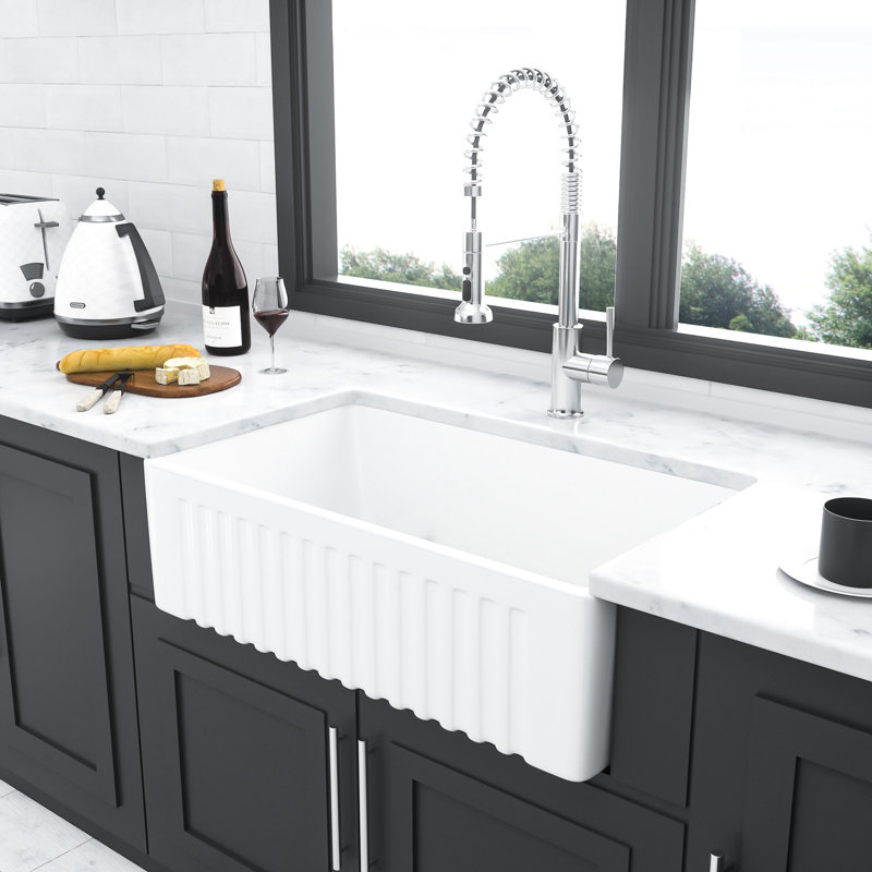 30 Inch Apron - Front White Kitchen Sink Constructed By Ceramic, Reversible Installation Method Selection, 304 Stainless Steel Dish Grid And Basket Strainer, Chip Proof Quality
