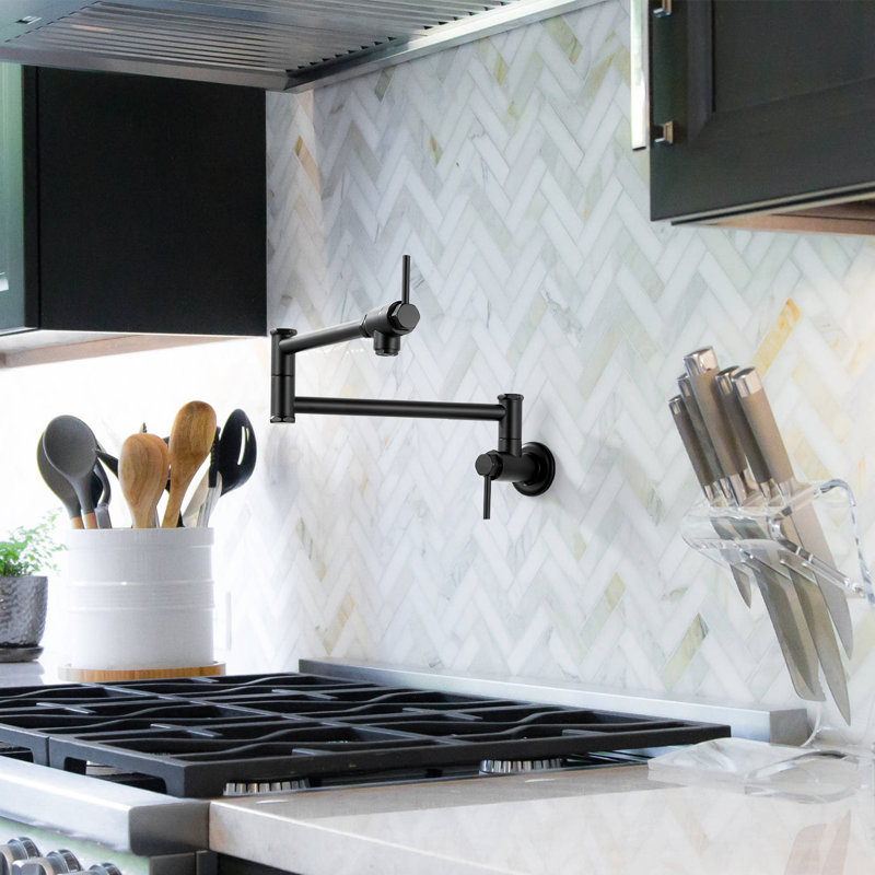 Wall Mount Pot Filler Kitchen Faucet Solid Brass With Retractable Arm, Matte Black