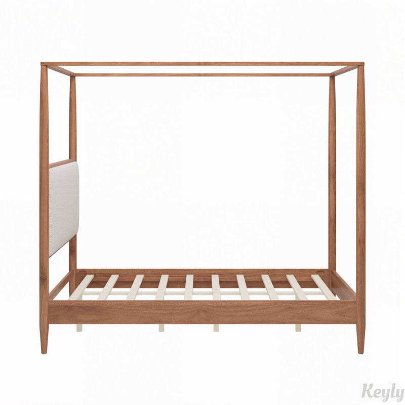 Lit plateforme à baldaquin en bois massif avec tête de lit capitonnée en tissu bouclé et sommier à lattes intégré, Queen