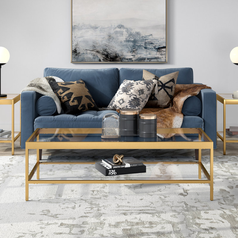 54" Wide Glass Top Coffee Table with Open Lower Shelf — Brass Modern Metal Center Table for Living Room | Cleo, Brass