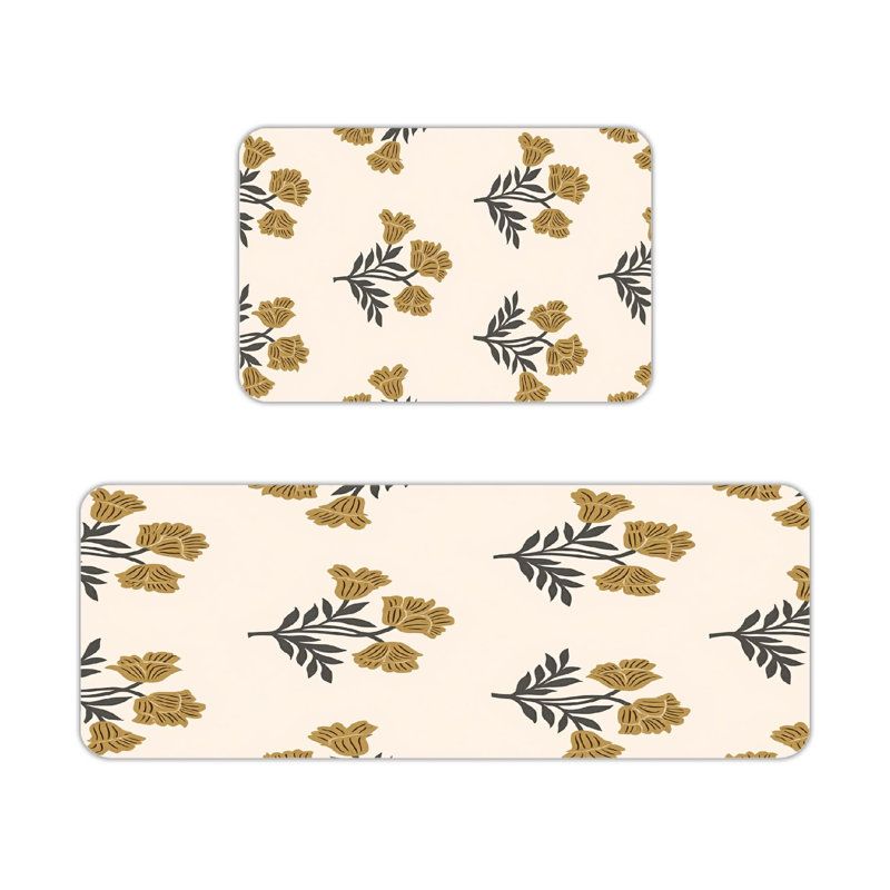 Tapis de cuisine jaune moutarde à imprimé floral rétro 2 pièces, solarium