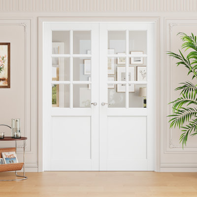 Interior 6-Lite Clear Glass Door, CARB P2 MDF & SGCC Tempered Glass French Doors, Satin Nickel Hardware-Privacy Door Lever with Lock, Latch & Hinges, Pre‑Finished & Waterproof, Pantry, Bedroom, Bathroom & Closet, Easy DIY Stain, 60"x 80"