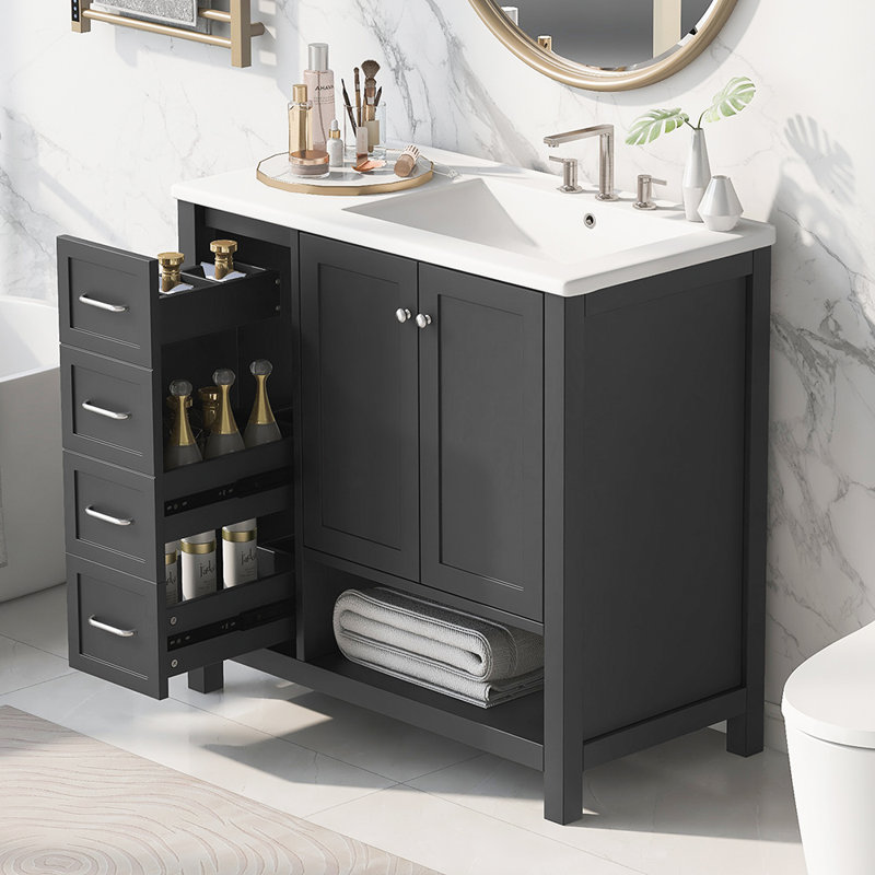 Meuble-lavabo avec deux portes et deux tiroirs, Noir, noir, noir, noir