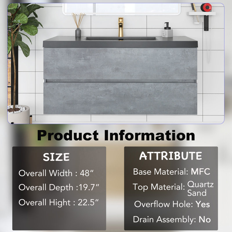 Ellese 48'' Wall Mounted Single Bathroom Vanity with Quartz Top