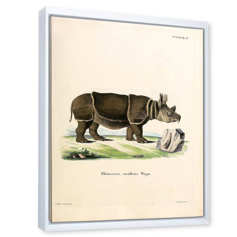 Rhinocéros rétro - peinture sur toile, H 32 po x l 16 po x P 1 po, Cadre flottant blanc