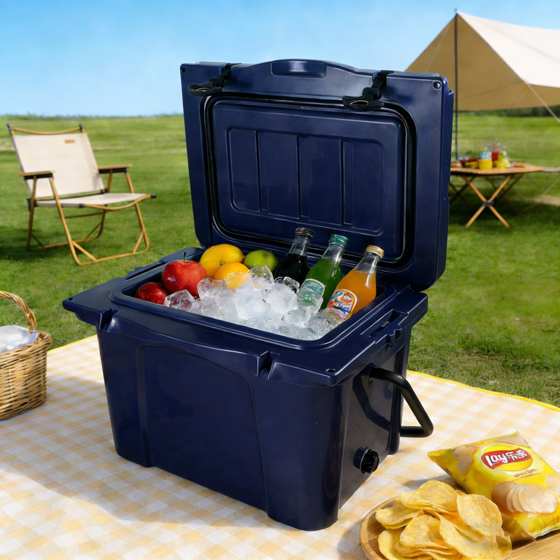 25QT Portable Cooler Box, Outdoor Insulated Cooler With Bottle Opener And Cup Holder, Large High Ice Box With Handle For Travel, Beach, Camping, Fishing, Blue