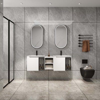 Wall-Mounted Bathroom Vanity With Ceramic Sink, Soft Close Doors, Glossy White Vanity & Grey Glass 1/2 Door, 1Xsmall Storage Shelf(KD-Packing)