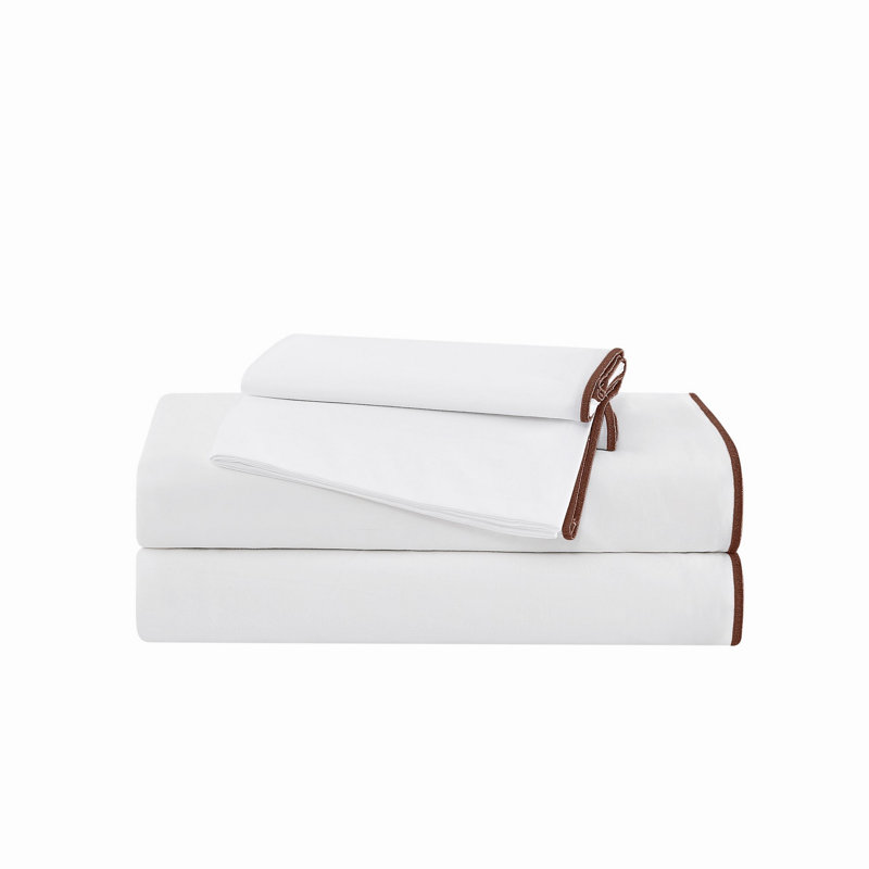 Brooklyn Loom Merrowed Edge 200 Thread Count Percale Sheet Set, King Sheet Set with 2 Pillowcases, White/Brown