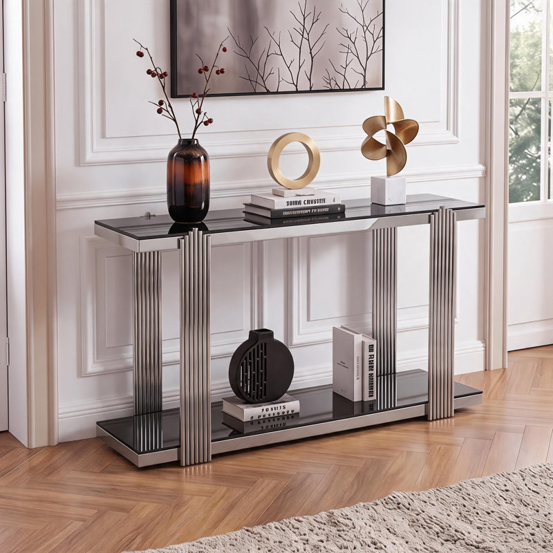Console en miroir 55 po avec rangement à deux niveaux, Silver